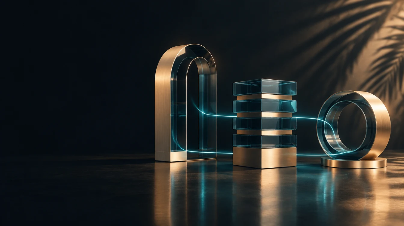 Smoked-glass architectural modules connected by cyan light, a conceptual image of connected work
